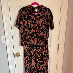 A New Day Abstract Floral Brown and Black Wrap Midi Dress